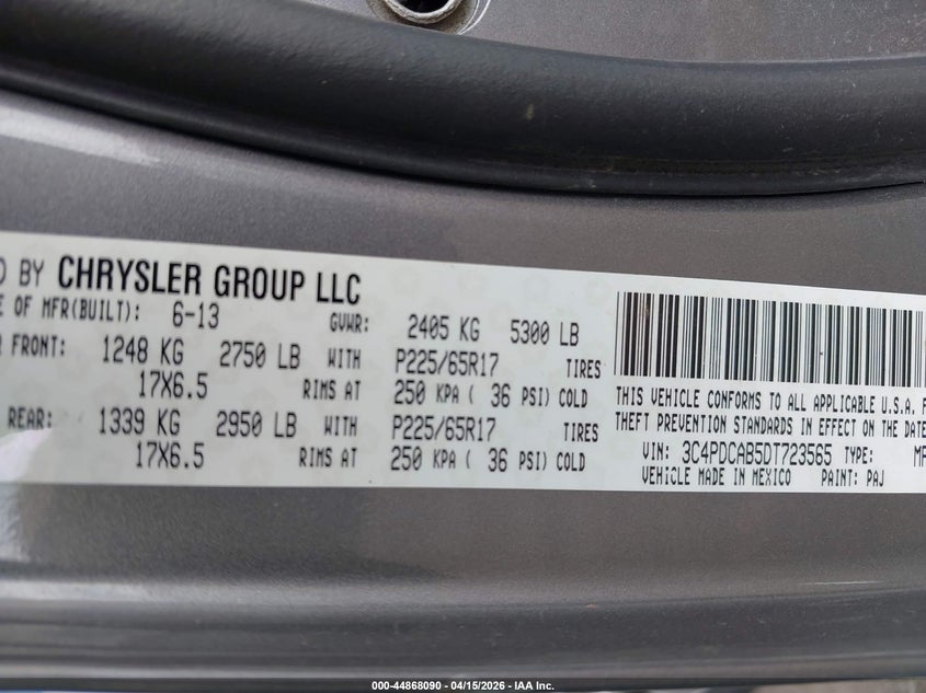 2013 Dodge Journey Se VIN: 3C4PDCAB5DT723565 Lot: 44868090