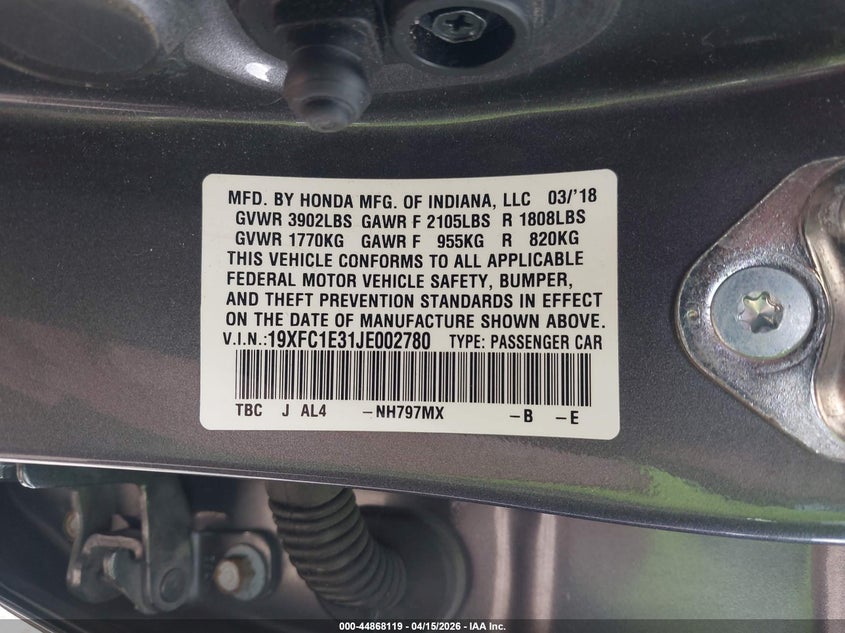 2018 Honda Civic Ex-T VIN: 19XFC1E31JE002780 Lot: 44868119