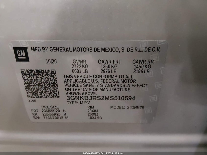 2021 Chevrolet Blazer Awd 3Lt VIN: 3GNKBJRS2MS510594 Lot: 44868127