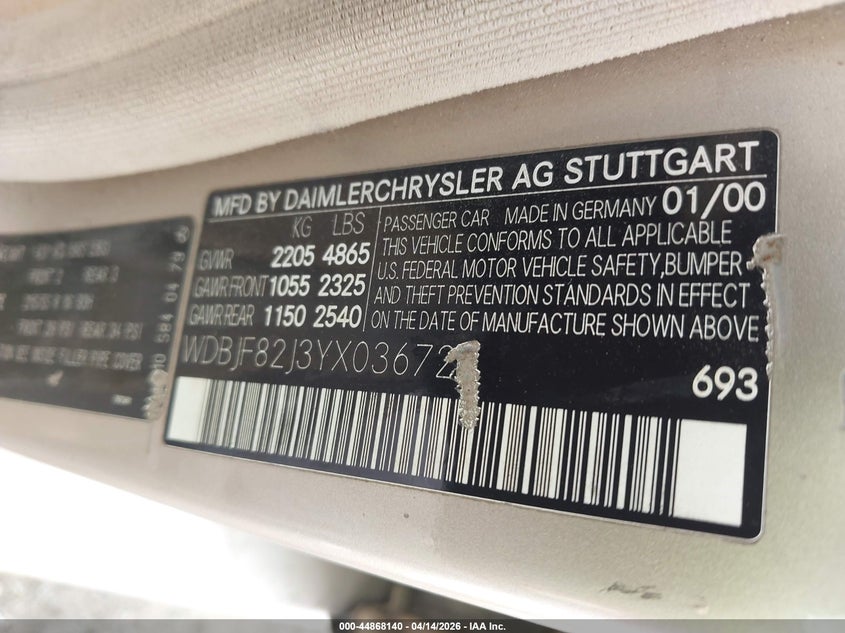 2000 Mercedes-Benz E 320 4M VIN: WDBJF82J3YX036726 Lot: 44868140