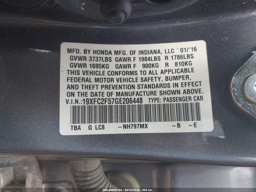 2016 Honda Civic 2.0 Lx grey Lot 111044868144 Vin 19XFC2F57GE206448