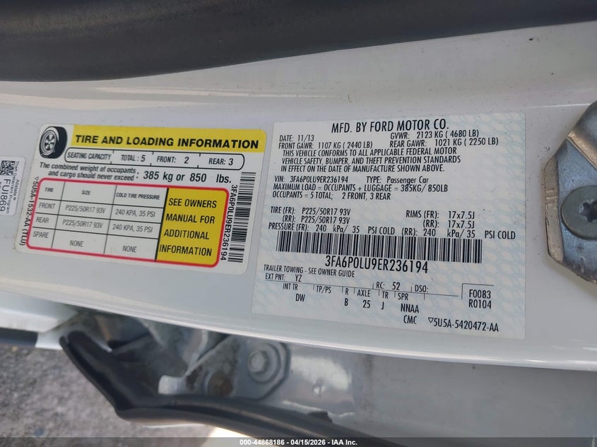 2014 Ford Fusion Hybrid Se VIN: 3FA6P0LU9ER236194 Lot: 44868186