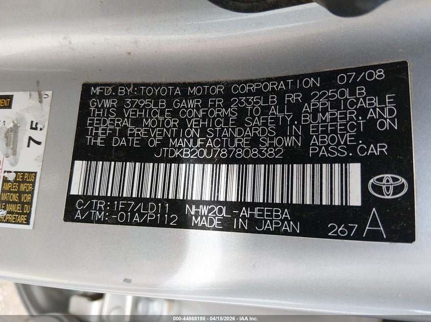 2008 Toyota Prius VIN: JTDKB20U787808382 Lot: 44868198
