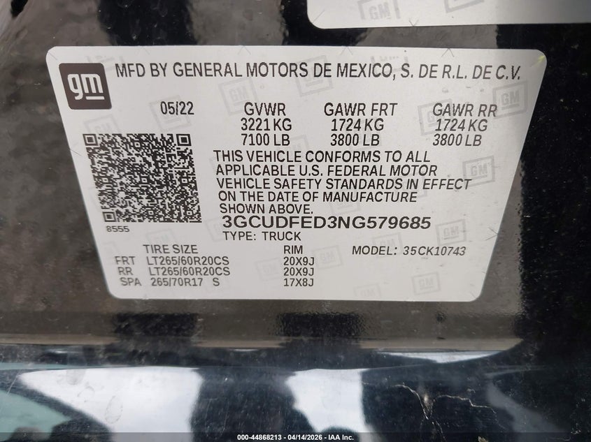 2022 Chevrolet Silverado 1500 4Wd Standard Bed Lt Trail Boss VIN: 3GCUDFED3NG579685 Lot: 44868213