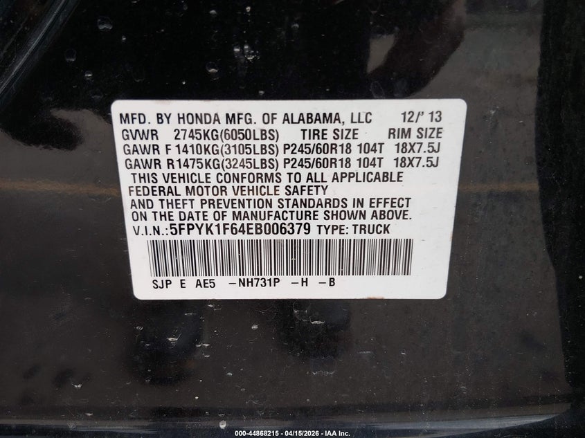 2014 Honda Ridgeline Se VIN: 5FPYK1F64EB006379 Lot: 44868215