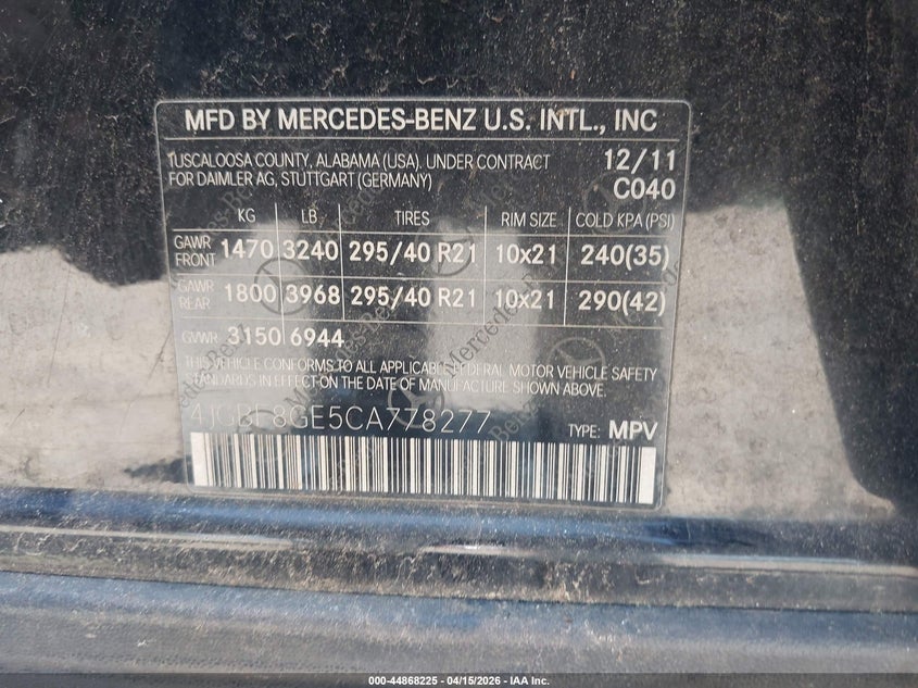 2012 Mercedes-Benz Gl 550 4Matic VIN: 4JGBF8GE5CA778277 Lot: 44868225