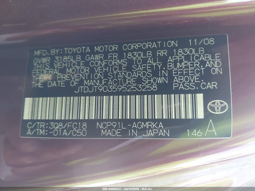 2009 Toyota Yaris VIN: JTDJT903595253258 Lot: 44868227