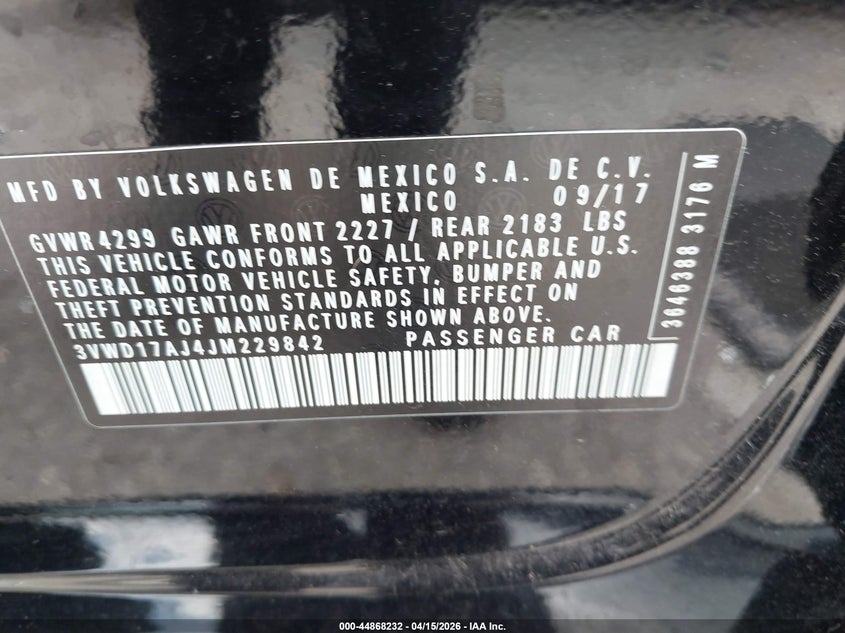 2018 Volkswagen Jetta 1.8T Se Sport VIN: 3VWD17AJ4JM229842 Lot: 44868232