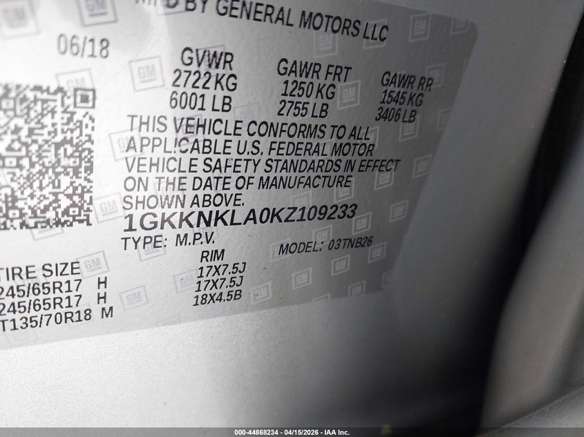 2019 GMC Acadia Sle-1 VIN: 1GKKNKLA0KZ109233 Lot: 44868234