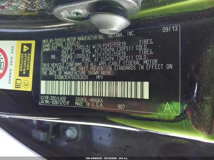 2013 TOYOTA HIGHLANDER SPORT UTILITY VEHICLE 3.5L V-6 DOHC, VVT, 270HP