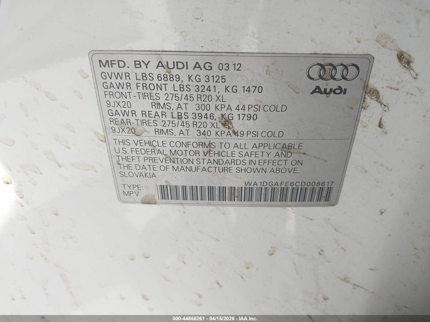 2012 Audi Q7 3.0T S Line Prestige VIN: WA1DGAFE6CD008617 Lot: 44868261