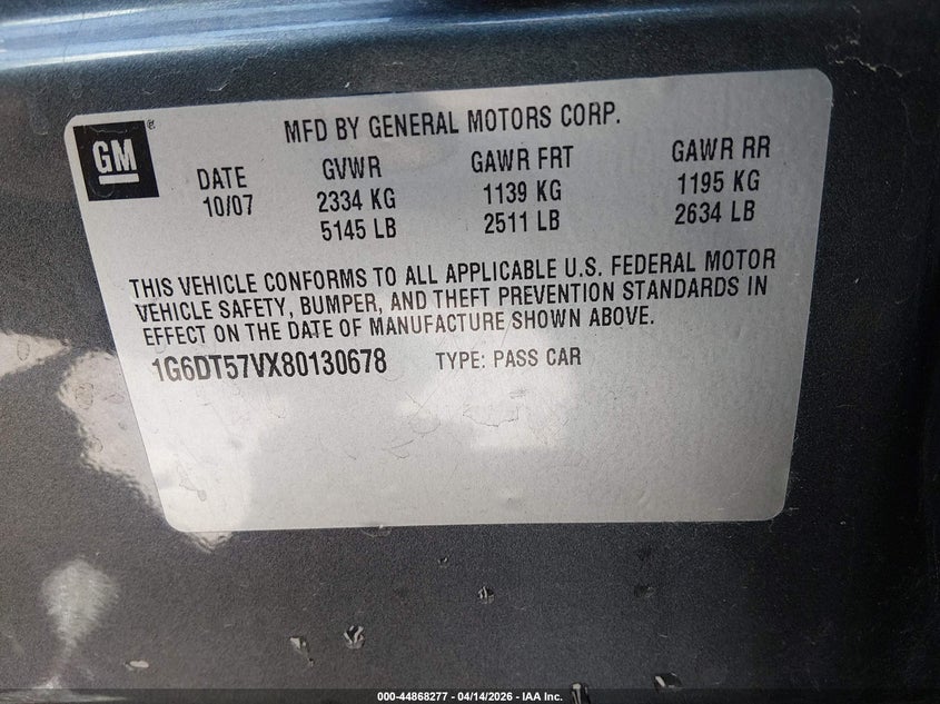 2008 Cadillac Cts Standard VIN: 1G6DT57VX80130678 Lot: 44868277