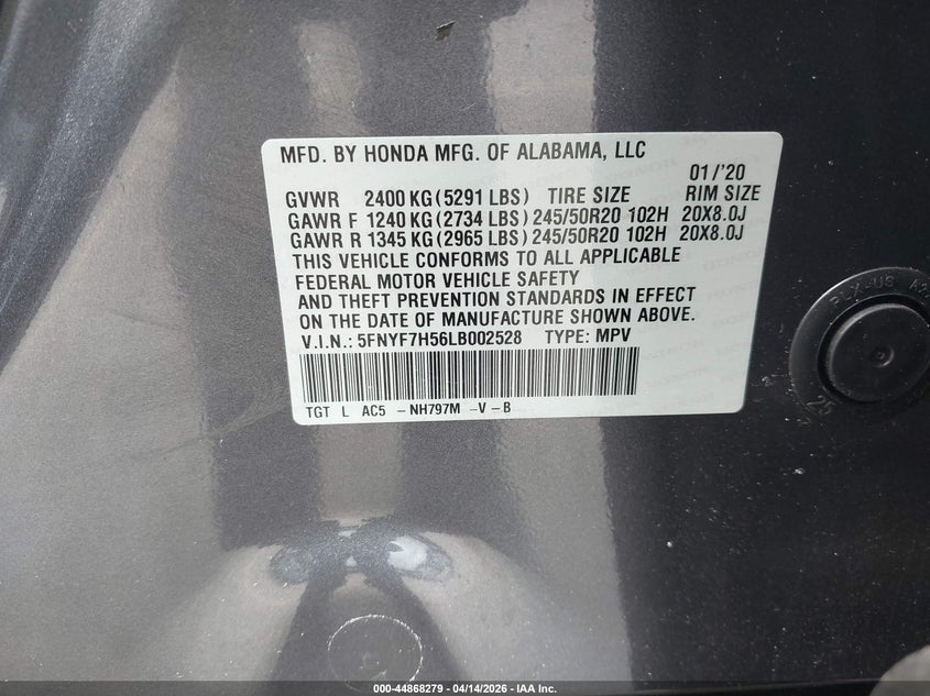2020 Honda Passport 2Wd Ex-L VIN: 5FNYF7H56LB002528 Lot: 44868279