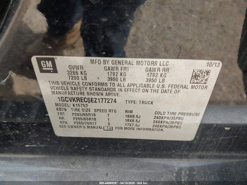 2014 Chevrolet Silverado 1500 2Lt VIN: 1GCVKREC6EZ177274 Lot: 44868297