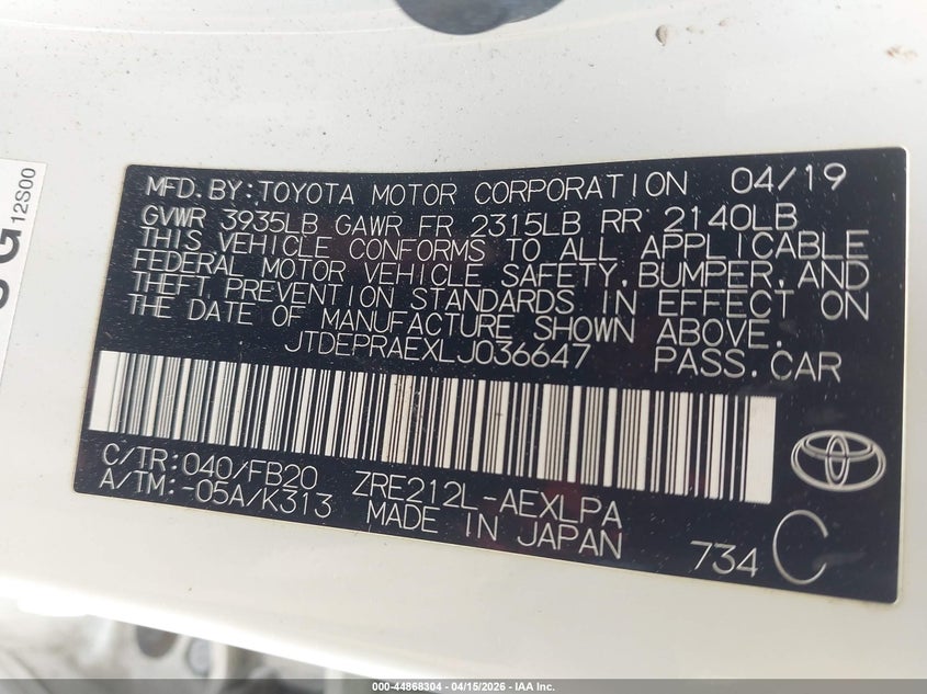 2020 Toyota Corolla Le VIN: JTDEPRAEXLJ036647 Lot: 44868304