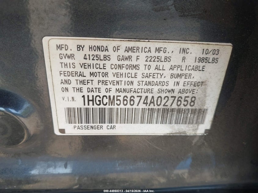 2004 Honda Accord 2.4 Ex VIN: 1HGCM56674A027658 Lot: 44868313