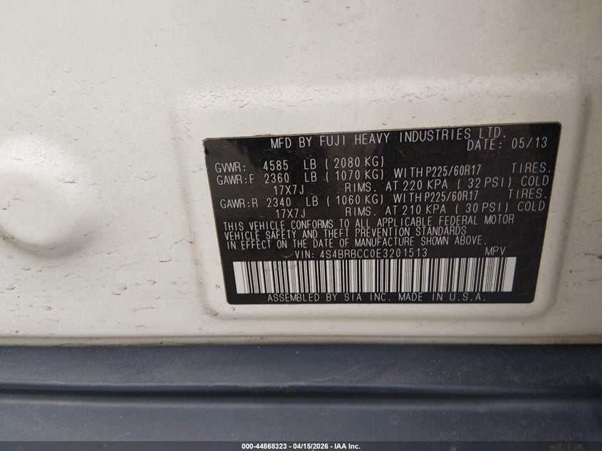 2014 Subaru Outback 2.5I Premium VIN: 4S4BRBCC0E3201513 Lot: 44868323