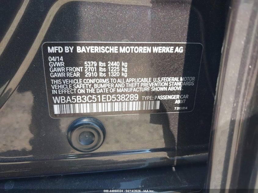 2014 BMW 535I xDrive VIN: WBA5B3C51ED538289 Lot: 44868324