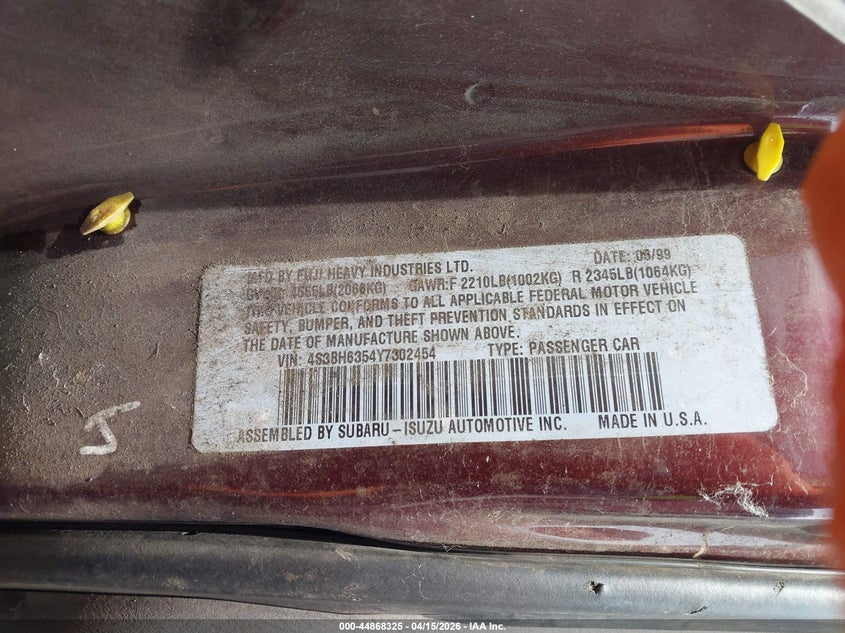 2000 Subaru Legacy L VIN: 4S3BH6354Y7302454 Lot: 44868325
