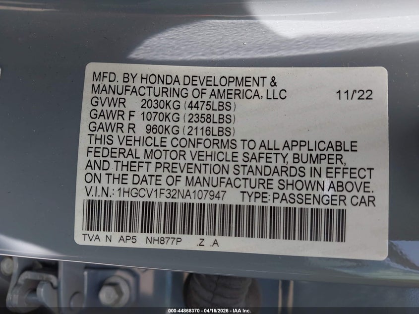 VIN 1HGCV1F32NA107947 2022 HONDA ACCORD SPORT