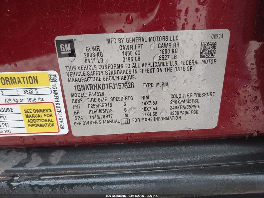 2015 Chevrolet Traverse 2Lt VIN: 1GNKRHKD7FJ157628 Lot: 44868395