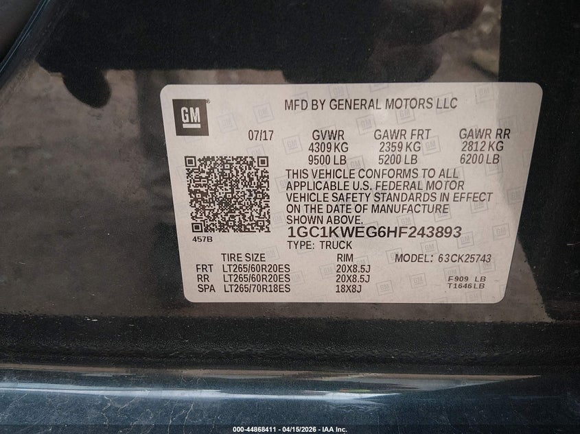 2017 Chevrolet Silverado 2500Hd Ltz VIN: 1GC1KWEG6HF243893 Lot: 44868411
