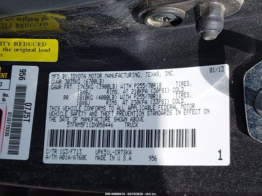 2013 Toyota Tundra Grade 4.6L V8 VIN: 5TFRM5F11DX058446 Lot: 44868415