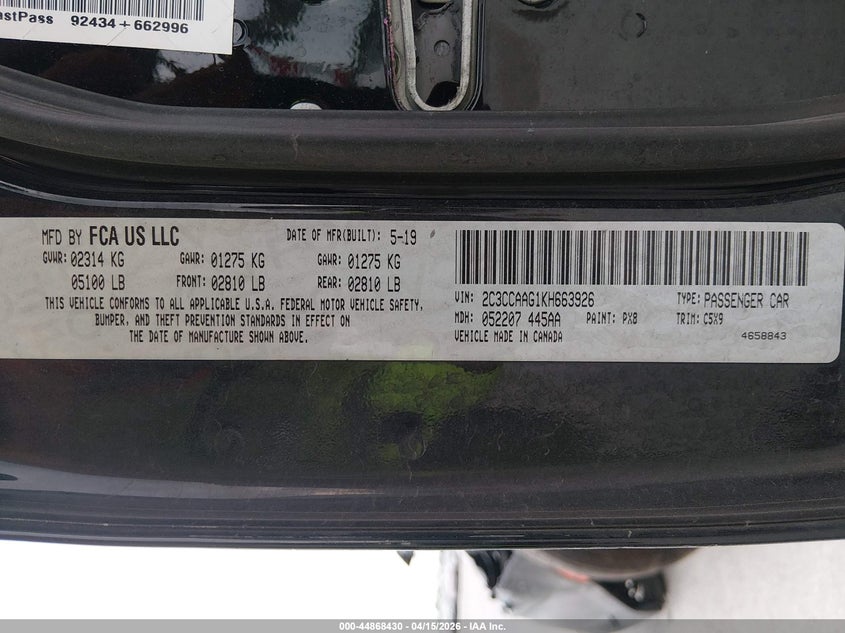 2019 Chrysler 300 3.6 Touring black Lot 111044868430 Vin 2C3CCAAG1KH663926