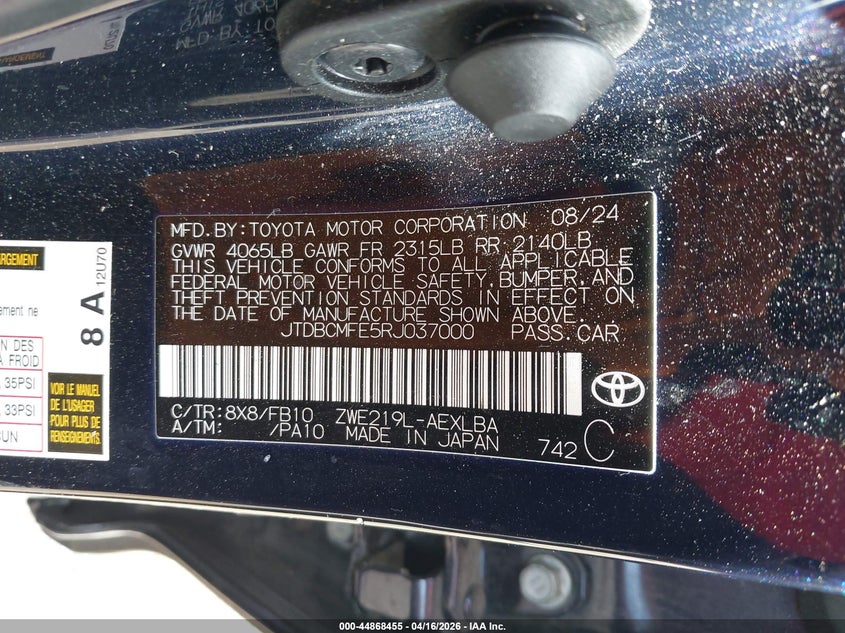 VIN JTDBCMFE5RJ037000 2024 TOYOTA COROLLA HYBRID LE