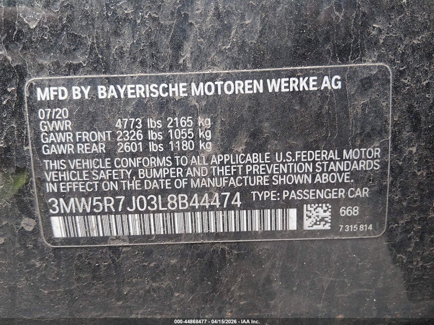 2020 BMW 330I xDrive VIN: 3MW5R7J03L8B44474 Lot: 44868477
