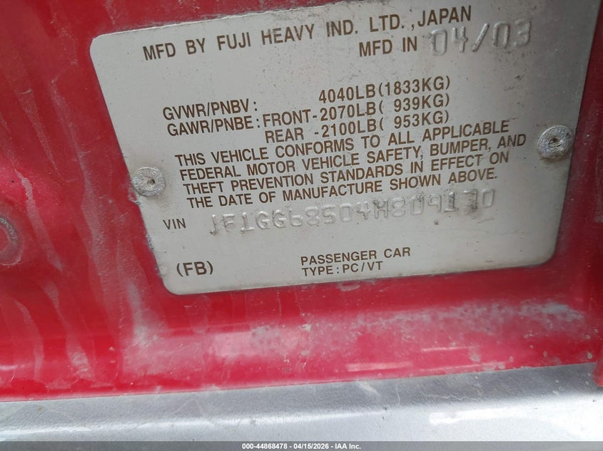 2004 Subaru Impreza Outback Sport VIN: JF1GG68504H809170 Lot: 44868478