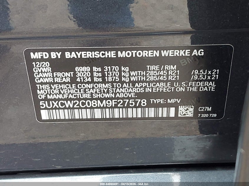 2021 BMW X7 xDrive40I VIN: 5UXCW2C08M9F27578 Lot: 44868491