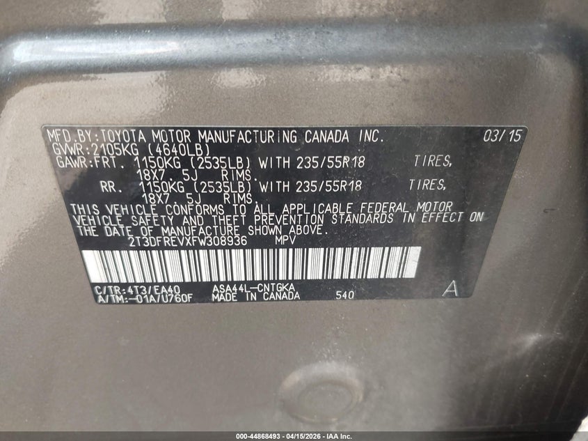 2015 Toyota Rav4 Limited VIN: 2T3DFREVXFW308936 Lot: 44868493