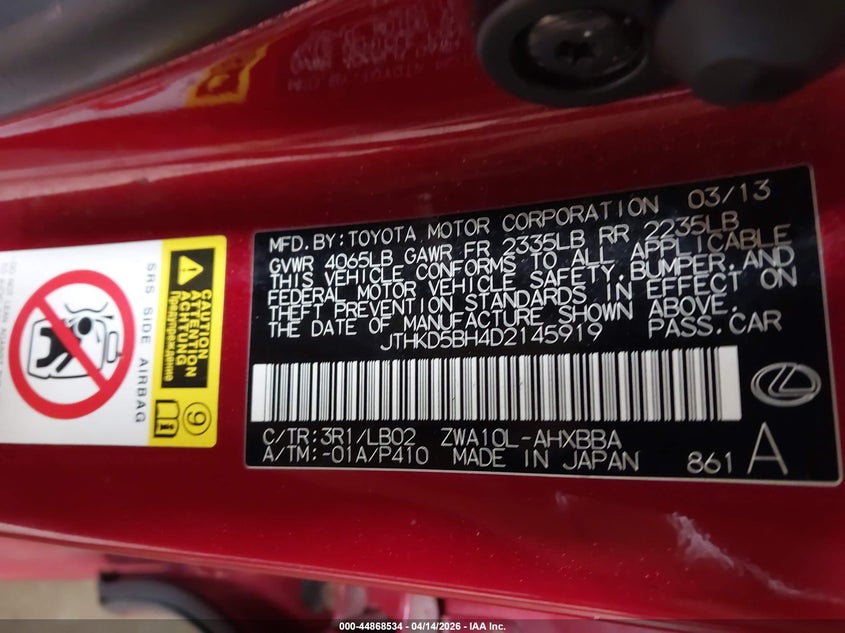 2013 Lexus Ct 200H VIN: JTHKD5BH4D2145919 Lot: 44868534