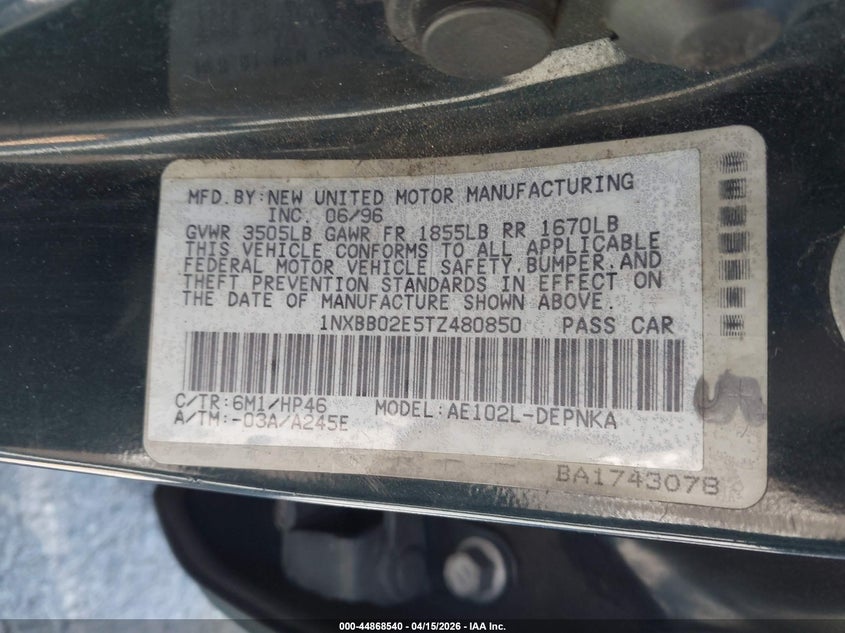 1996 Toyota Corolla Dx VIN: 1NXBB02E5TZ480850 Lot: 44868540