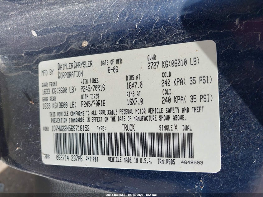 2006 Dodge Dakota St VIN: 1D7HW22N56S718152 Lot: 44868553