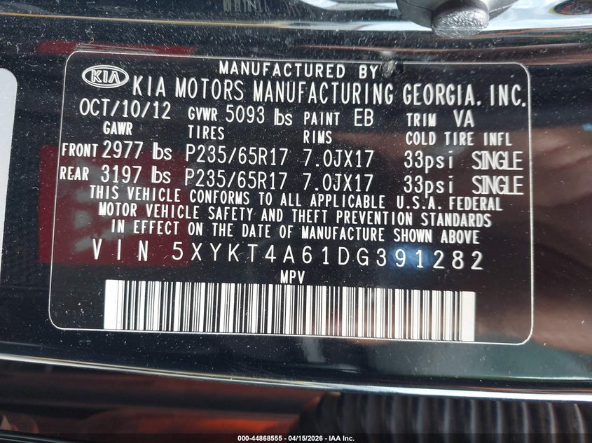 2013 Kia Sorento Lx VIN: 5XYKT4A61DG391282 Lot: 44868555