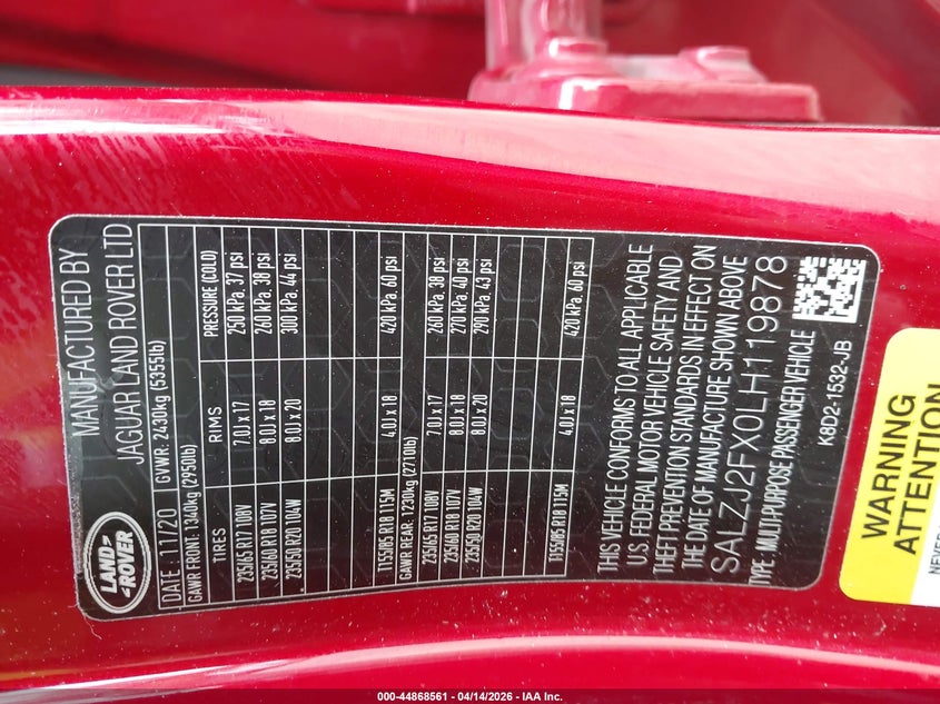 2020 Land Rover Range Rover Evoque S VIN: SALZJ2FX0LH119878 Lot: 44868561