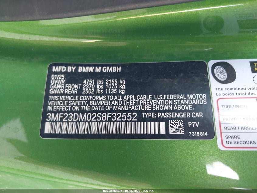 2025 BMW M2 VIN: 3MF23DM02S8F32552 Lot: 44868571