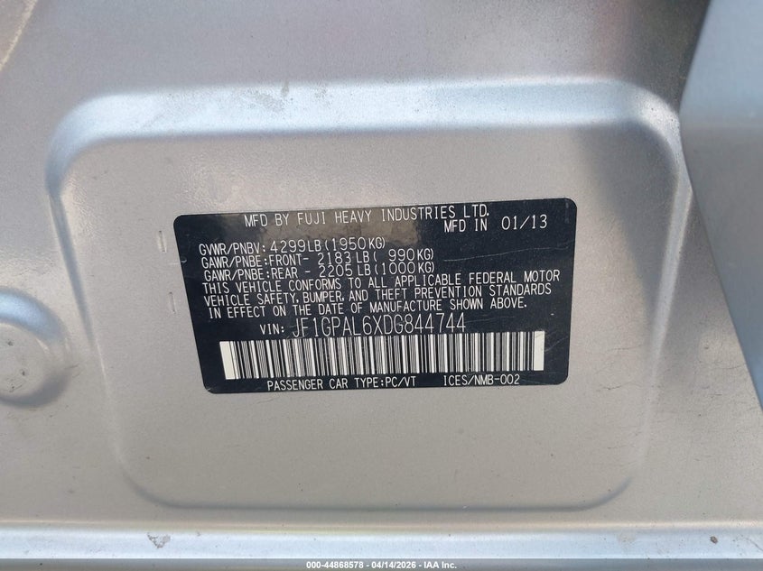 2013 Subaru Impreza 2.0I Sport Premium VIN: JF1GPAL6XDG844744 Lot: 44868578