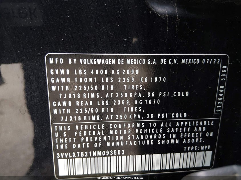 2022 Volkswagen Taos 1.5T Se VIN: 3VVLX7B21NM093553 Lot: 44868597