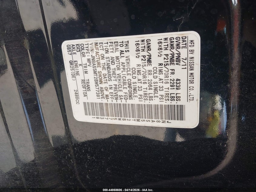 2011 Nissan Rogue S VIN: JN8AS5MT2BW577391 Lot: 44868606