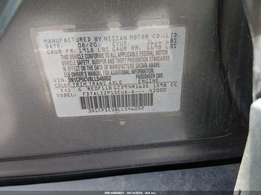 2020 Nissan Kicks Sv Xtronic Cvt VIN: 3N1CP5CV8LL546052 Lot: 44868621