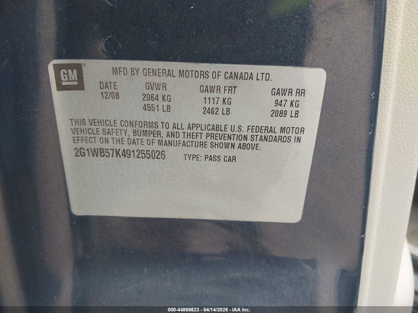 2009 Chevrolet Impala Ls VIN: 2G1WB57K491255026 Lot: 44868623