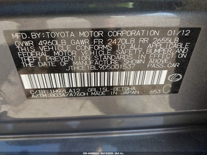 2013 Lexus Gs 350 VIN: JTHCE1BL9D5001537 Lot: 44868624