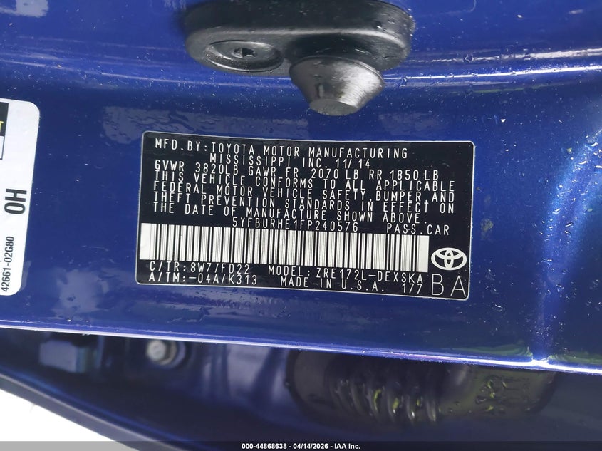 2015 Toyota Corolla 1.8 S Plus blue Lot 111044868638 Vin 5YFBURHE1FP240576