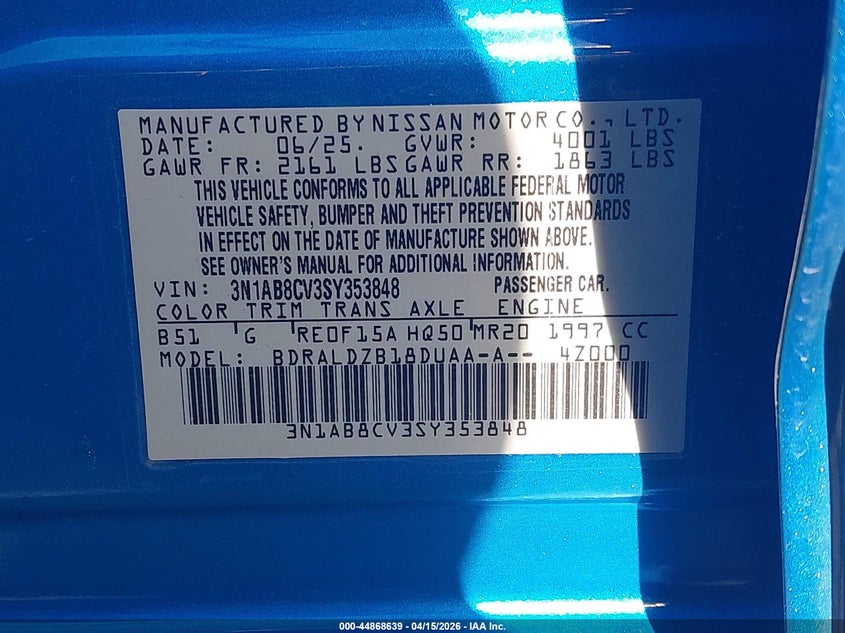 2025 Nissan Sentra Sv VIN: 3N1AB8CV3SY353848 Lot: 44868639