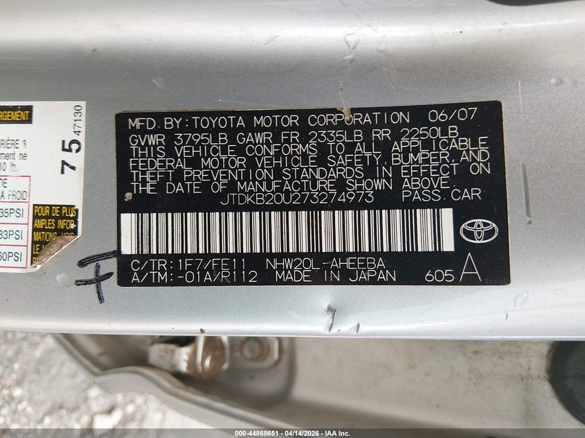 2007 Toyota Prius VIN: JTDKB20U273274973 Lot: 44868651