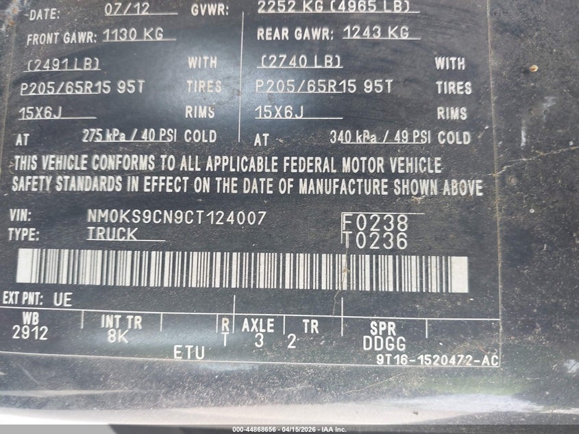 2012 Ford Transit Connect Xlt Premium VIN: NM0KS9CN9CT124007 Lot: 44868656