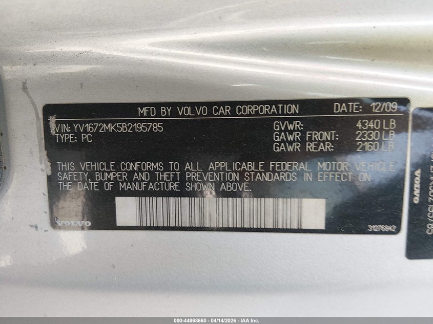 2011 Volvo C30 T5/T5 R-Design VIN: YV1672MK5B2195785 Lot: 44868660